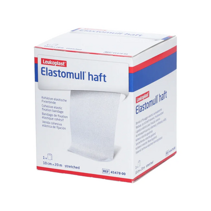 A box of BSN Elastomull® haft, an elastic fixation bandage from BSN Medical GmbH. The box is predominantly white with blue and red accents and displays product details and specifications on the front.