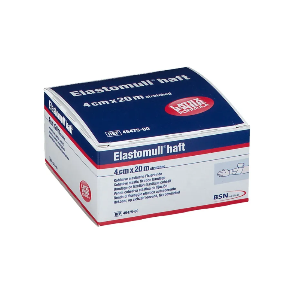 Displayed is a package of BSN Elastomull® haft, elastic fixation bandage, 4 cm x 20 m. The packaging is predominantly blue and white with red accents and contains multilingual text that highlights the product as a latex-free polymer cohesive bandage and emphasizes its function as a cohesive elastic bandage. The brand behind this product is BSN Medical GmbH.