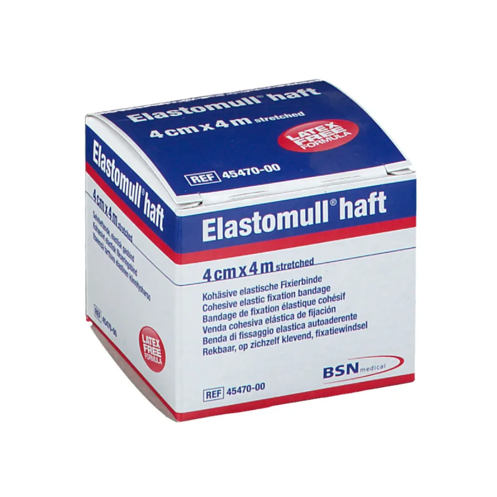 Eine Schachtel BSN Elastomull® haft, eine elastische Fixierbinde der BSN medical GmbH (essity). Die Schachtel ist überwiegend weiß mit blauen und roten Akzenten und enthält eine 4 cm x 4 m große elastische Binde. Dieses latexfreie Polymerprodukt bietet zuverlässigen Halt, wobei die Produktdetails auf der Vorderseite aufgedruckt sind.