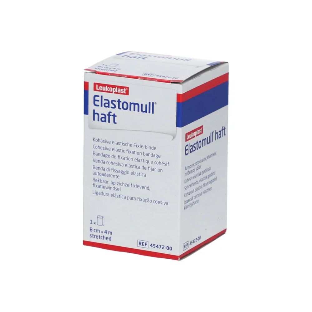 Gezeigt wird eine rechteckige Schachtel mit BSN Elastomull® haft, elastische Fixierbinde von BSN medical GmbH (essity). Auf der Schachtel ist ein mehrsprachiger Text zu sehen, unter anderem „kohäsive elastische Fixierbinde“ und die Produktabmessungen betragen 8 cm x 4 m gedehnt. Die Referenznummer 45472-00 ist ebenfalls sichtbar und weist darauf hin, dass es sich um eine latexfreie Polymer- und elastische Kohäsivbinde handelt.