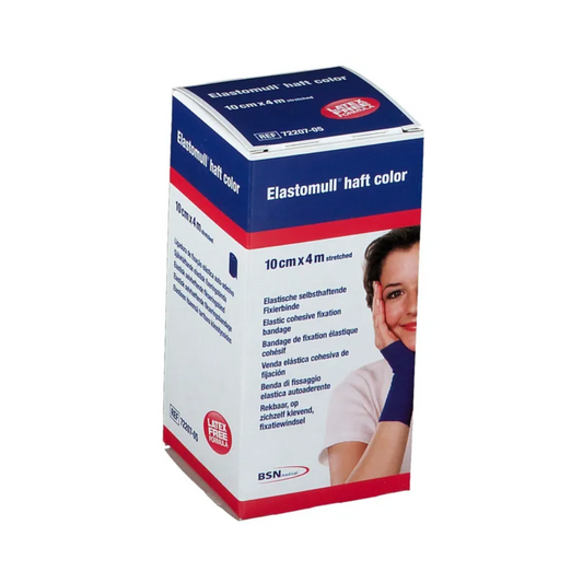 Abgebildet ist eine Produktverpackung für BSN Elastomull® haft color Fixierbinde. Die Verpackung gibt an, dass es sich um eine 10 cm x 4 m große selbstklebende Kohäsivbinde der BSN medical GmbH (essity) handelt, die aus einem latexfreien Polymer besteht. Auf der rechten Seite der Verpackung ist ein Bild einer Person mit der Binde an Hand und Wange zu sehen.