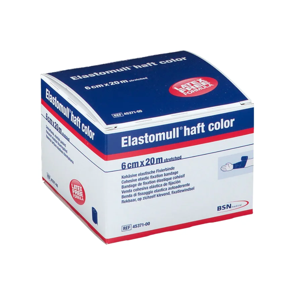 Das Bild zeigt eine Schachtel BSN Elastomull® haft color, eine elastische Fixierbinde mit den Maßen 6 cm x 20 m von BSN Medical GmbH. Die blau-weiße Verpackung mit roten Akzenten enthält Produktdetails in mehreren Sprachen und betont die latexfreie Polymerzusammensetzung für höchsten Tragekomfort.