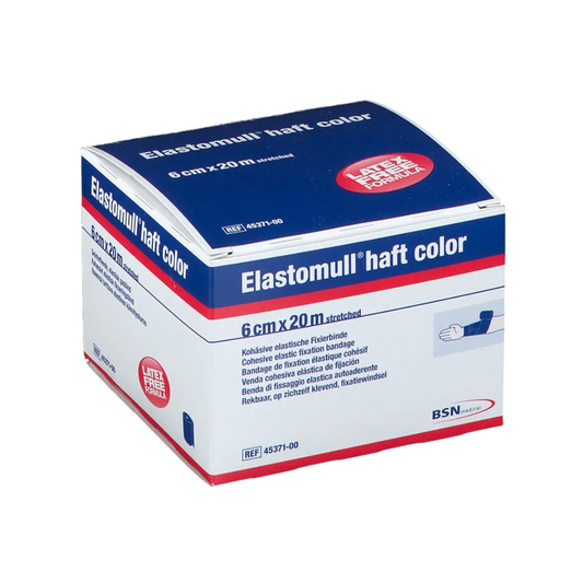 Abgebildet ist eine Schachtel BSN Elastomull® haft color, elastische Fixierbinde mit den Maßen 6 cm x 20 m. Die Verpackung, überwiegend weiß mit blauen und roten Akzenten, weist darauf hin, dass es sich um eine latexfreie Polymer-Kohäsivbinde für verschiedene Anwendungen handelt. Die Marke „BSN medical GmbH (essity)“ ist auf der Schachtel prominent abgebildet.