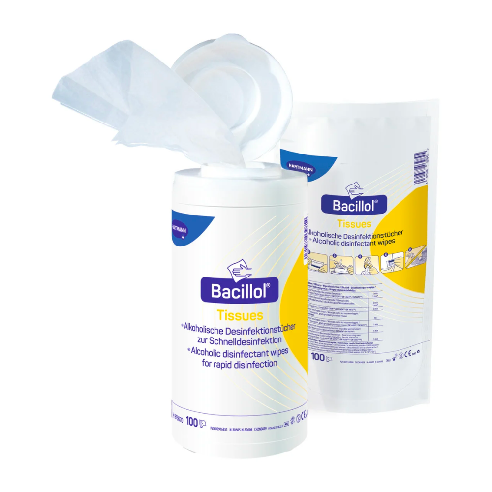 A container of Hartmann Bacillol® Tissues disinfectant wipes, with its top open and several wipes protruding, next to its packaging with product details from Paul Hartmann AG.