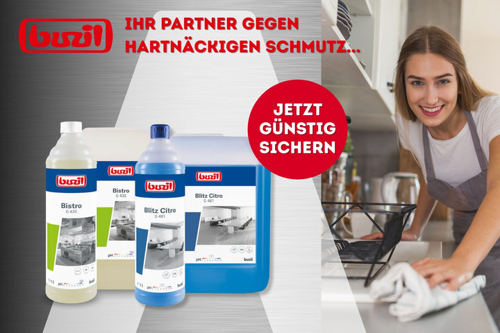 Auf der linken Seite sind drei Reinigungsmittelflaschen mit den Aufschriften "Bistro" und "Blitz Citro" zu sehen. Rechts wischt eine Frau einen Küchentisch und belädt eine Spülmaschine. Roter Text wirbt für die Reinigungsmittel.