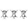 Ein Diagramm zeigt drei durchgestrichene Mülleimer mit den Aufschriften Cd, Pb und Hg. Dies bedeutet, dass Gegenstände, die Cadmium (Cd), Blei (Pb) und Quecksilber (Hg) enthalten, nicht in normalen Mülleimern entsorgt werden dürfen.