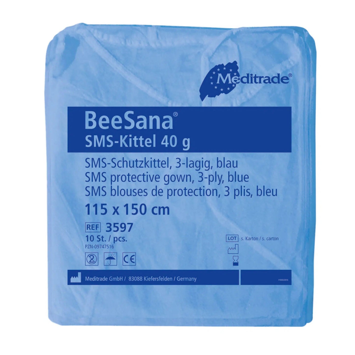A sealed package of Meditrade BeeSana® SMS gown 40g, 3-layer, from Meditrade GmbH, with 10 pieces. The packaging contains product details and certification logos.