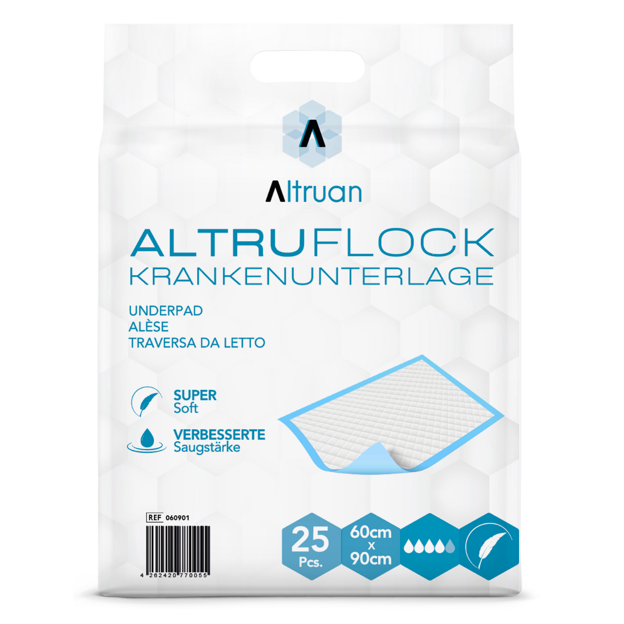 Ein Paket Altruan Altruflock® Bettschutzunterlagen 60 x 90cm Supersoft Extrem Saugfähig | Packung (25 Stück). Die weiße Packung mit sechseckigem Muster enthält 25 Stück. Eigenschaften wie „Super Soft“ und „Verbesserte Saugstärke“ werden in deutscher Sprache hervorgehoben. Perfekte Bettschutzunterlagen, jeweils mit den Maßen 60 cm x 90 cm.