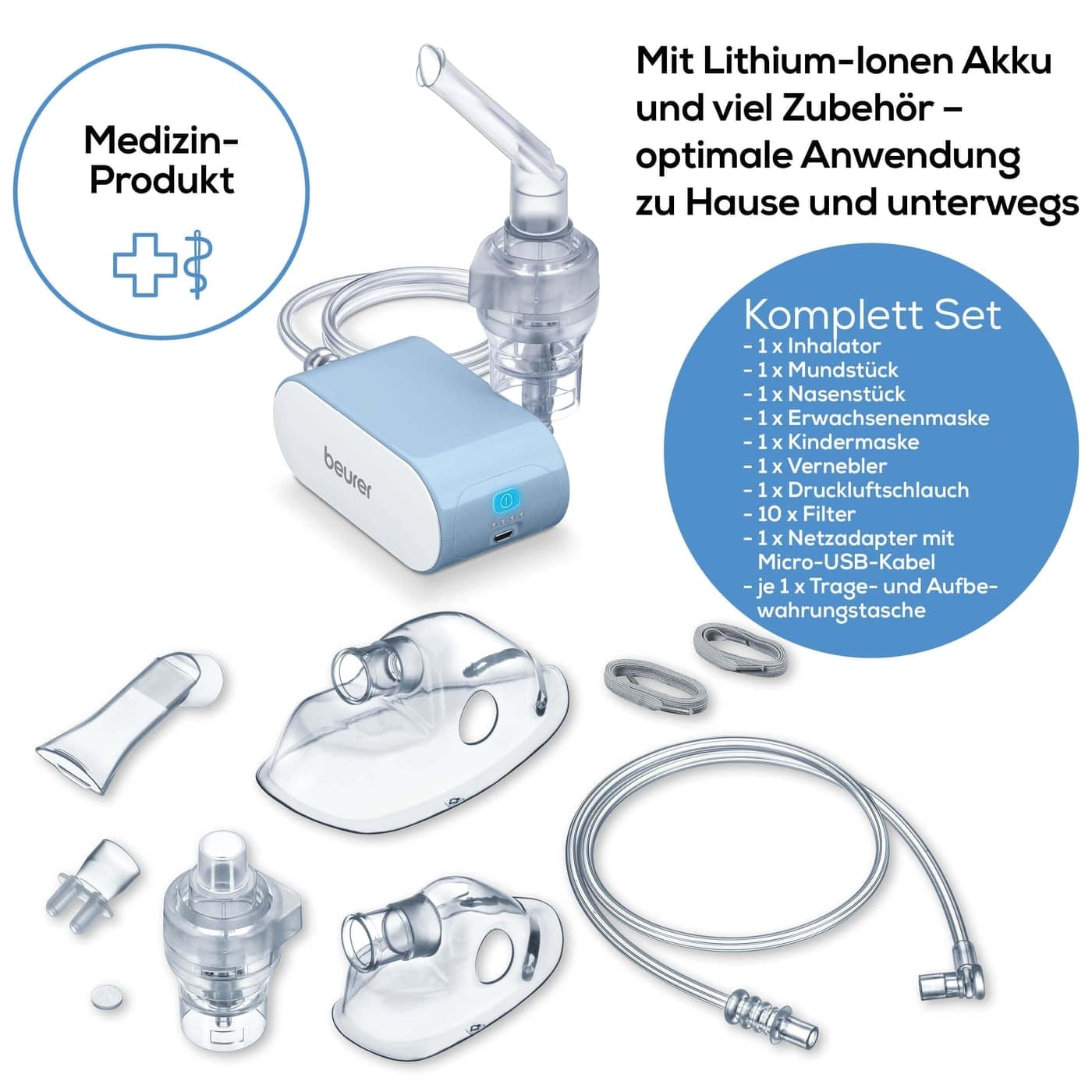 Ein tragbarer medizinischer Inhalator für Asthma, der Beurer kleiner Inhalator IH 60, und sein Zubehör wurden ausgestellt, darunter Masken, ein Lithium-Ionen-Akku, Kabel und Tragetaschen der Beurer GmbH mit Etiketten in deutscher Sprache, auf denen die Komponenten detailliert beschrieben werden.