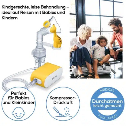 A family with a small child sits on suitcases. In front of them is a yellow Beurer GmbH discontinued item: Beurer small inhaler IH 58 KIDS compressor nebulizer with hose, giraffe-shaped mouthpiece, and German information for babies and children.