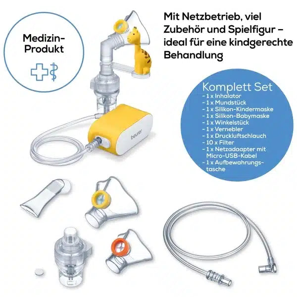 Ein Bild eines medizinischen Geräts für Kinder, das den Beurer kleiner Inhalator IH 58 KIDS mit einem gelben Inhalator zeigt, der an eine Gesichtsmaske angeschlossen ist, sowie verschiedenes Zubehör wie Filter und Schläuche. Textbeschriftungen beschreiben das komplette Set.