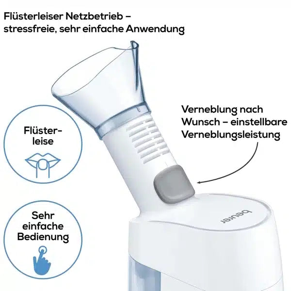 Bild eines Beurer Dampfverneblers SI 40 von Beurer GmbH mit Schwerpunkt auf den einstellbaren Nebelausstoßfunktionen. Der Text hebt den geräuscharmen Betrieb und die Benutzerfreundlichkeit mit einer einfachen Bedienoberfläche hervor.