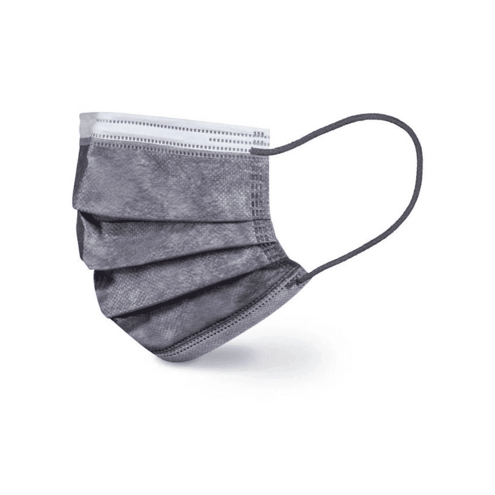 The Beurer surgical masks MM 15 in gray (20 pieces/package) are depicted as medical, 3-layer mouth-nose masks with pleats and elastic ear loops against a white background.