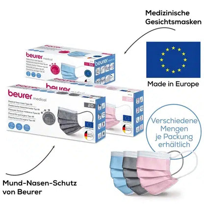 Beurer GmbH surgical masks in pink MM 15 (20 pieces per pack) are shown, with 3-layer protection, close-ups of the masks and notes such as "Made in Europe" and "Various quantities per pack available".