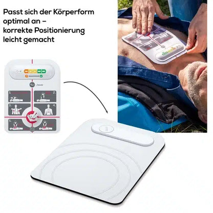 A close-up shows a person lying outdoors while someone applies an innotas discontinued item: Beurer LifePad® resuscitation aid (1 piece) on the chest. The image also shows a diagram for the correct placement of the pad.