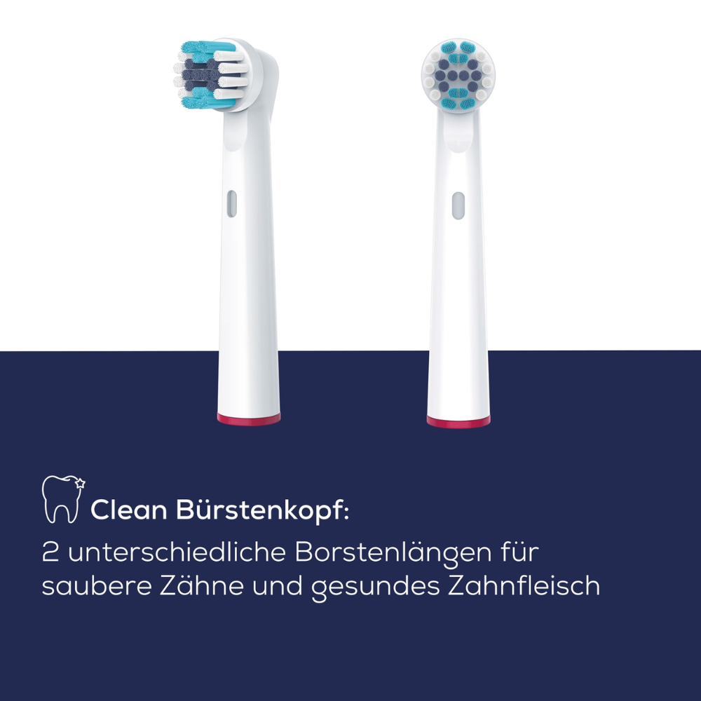 Auf einem weißen und dunkelblauen Hintergrund sind zwei elektrische Zahnbürstenköpfe mit deutschem Text abgebildet. Der Text lautet: „Clean Bürstenkopf: 2 unterschiedliche Borstenlängen für saubere Zähne und gesundes Zahnfleisch.“ Passend jeweils für Rotationszahnbürsten aus dem Sortiment Beurer Bürstenkopf Clean für TB 30/ TB 50 der Beurer GmbH.