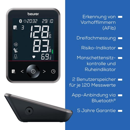 Das Bild zeigt ein Beurer BM 64 Blutdruckmessgerät mit Ruheindikator von Beurer GmbH, ausgestattet mit einer digitalen Anzeige mit AFib-Erkennung, Dreifachmessung, Inflationstechnologie, Risikoindikator, Manschettenpositionierung und Ruheindikator. Es verfügt außerdem über zwei Benutzerspeicher für jeweils 120 Messungen, eine Bluetooth-App-Verbindung zum beurer HealthManager Pro und wird mit einer 5-Jahres-Garantie geliefert.