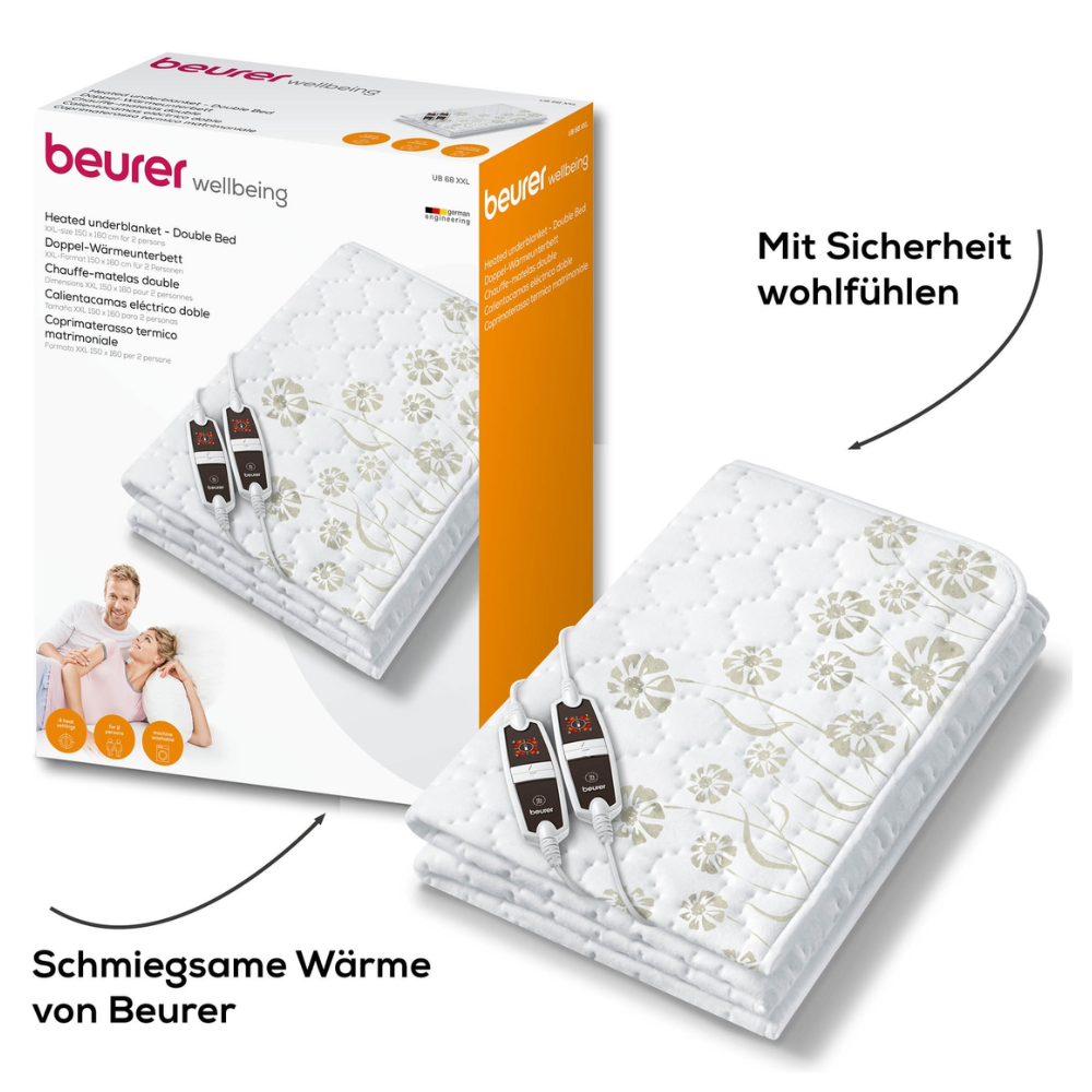 Bild eines Beurer Doppel-Wärmeunterbetts UB 68 XXL | Packung (1 Stück) mit Blumenmuster. Auf der Verpackung ist das Produkt abgebildet und auf Deutsch steht: „Mit Sicherheit wohlfühlen“ und „Schmiegsame Wärme von Beurer“. Dieses besonders große Wärmeunterbett der Beurer GmbH verfügt über zwei Regler für 2 separat einstellbare Wärmezonen.