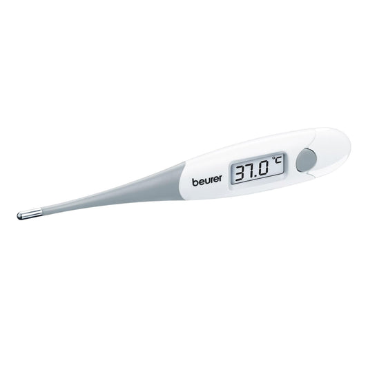 Ein digitales Beurer Express Fieberthermometer FT15/1 in weiß-grauem Design zeigt auf seinem Bildschirm einen Messwert von 37,0 °C an. Der Markenname „Beurer GmbH“ ist auf dem Gehäuse sichtbar, das ein ergonomisches Design und eine flexible Messspitze für zusätzlichen Komfort und Genauigkeit aufweist.