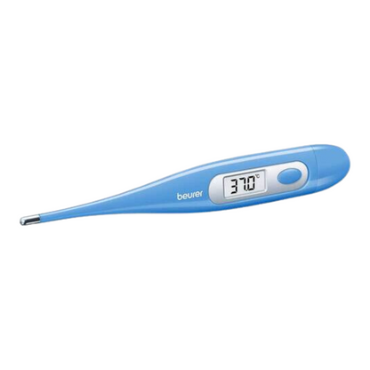 The Beurer fever thermometer FT 09 by Beurer GmbH displays a precise temperature measurement of 37°C on its LCD screen, isolated on a white background. The device