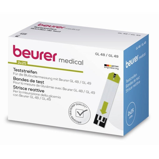 One package Beurer Test strips for GL 48/49 - 50 pieces from the Beurer GmbH. The label states that it contains 2 x 25 test strips. The packaging mainly features the Beurer-branding, some multilingual information, and an image of a single medical device test strip.