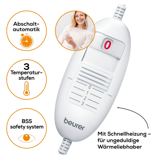 Ein Bild zeigt das weiße Heizkissen-Steuergerät Beurer HK 42 Heizkissen Super-Cosy von der Beurer GmbH mit beschrifteten Funktionen wie „Abschaltautomatik“, „3 Temperaturstufen“ und „BSS-Sicherheitssystem“. " Der Controller zeigt eine Kontrollleuchte und einen Schieberegler zur Einstellung an. Der Text lautet „Mit Schnellheizung – für ungeduldige Wärme.“

