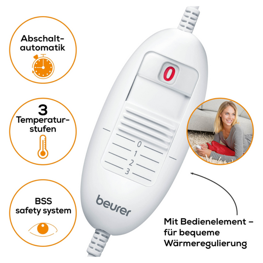 Abbildung eines Beurer HK 44 Heizkissen-Controllers in Weiß mit einer Digitalanzeige mit einer roten „0“-Taste, drei Temperaturstufen und Häkchen. Zu den abgebildeten Funktionen gehören automatische Abschaltung, 3 Temperaturstufen und BSS-Sicherheitssystem. Eine Frau entspannt auf einem Sofa. Der Text lautet in deutscher Übersetzung: „Mit Bedienelement – für bequeme Temperaturregulierung.“ Erhältlich bei Beurer GmbH in Packung (1 Stück).