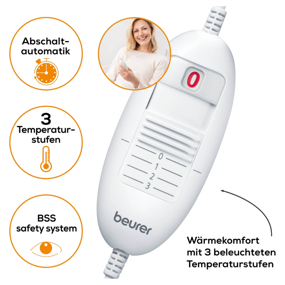 Ein Bild des Beurer HK 45 Heizkissen Cosy-Controllers der Beurer GmbH mit beschrifteten Funktionen in deutscher Sprache. Es hebt die automatische Abschaltung, 3 Temperatureinstellungen und ein BSS-Sicherheitssystem hervor. Oben links ist eine lächelnde Frau zu sehen. Der Controller verfügt über ein Ziffernblatt und eine Kontrollleuchte und erfüllt den OEKO-TEX® Standard 100 für Qualitätssicherung.