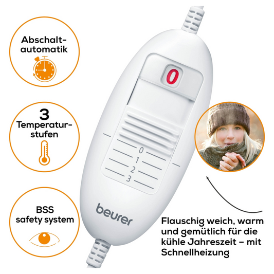 Eine weiße Fernbedienung für das Beurer HK 53 Rücken-/Nacken-Heizkissen der Beurer GmbH verfügt über eine rote „0“-Taste, drei beschriftete Temperatureinstellungen und einen Schieberegler. Der umgebende Text hebt die automatische Abschaltung, drei Temperaturstufen, das BSS-Sicherheitssystem und ein warmes Bild einer Person hervor, die wohltuende Wärme genießt.