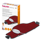 The image shows a Beurer HK 55 Heating Pad Easyfix, a multifunctional heating pad by Beurer GmbH. The red pad with a gray border has a visible connected controller in the middle. The product is displayed in front of its packaging box, highlighting its quick heating function and its suitability for relieving abdomen, back, and joints.