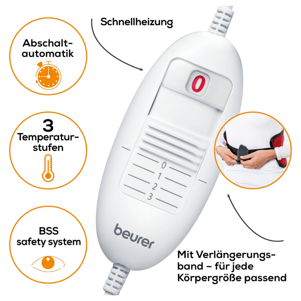 Image of a white Beurer HK 55 Heating Pad Easyfix controller by Beurer GmbH. It features 3 temperature settings, an automatic shut-off function, and a BSS safety system. The German text indicates that it has a quick heating function for fast warming and an extension strap suitable for abdomen, back, joints, or any other body size.