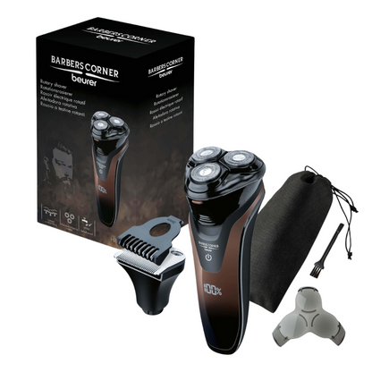 Image of a Beurer HR 8000 rotary shaver by Beurer GmbH, next to its packaging. The shaver features three rotating heads and a precision cutting system. Various accessories are next to it, including a beard and sideburn styler attachment, a travel case, and a small cleaning brush. The packaging shows brand and product details.