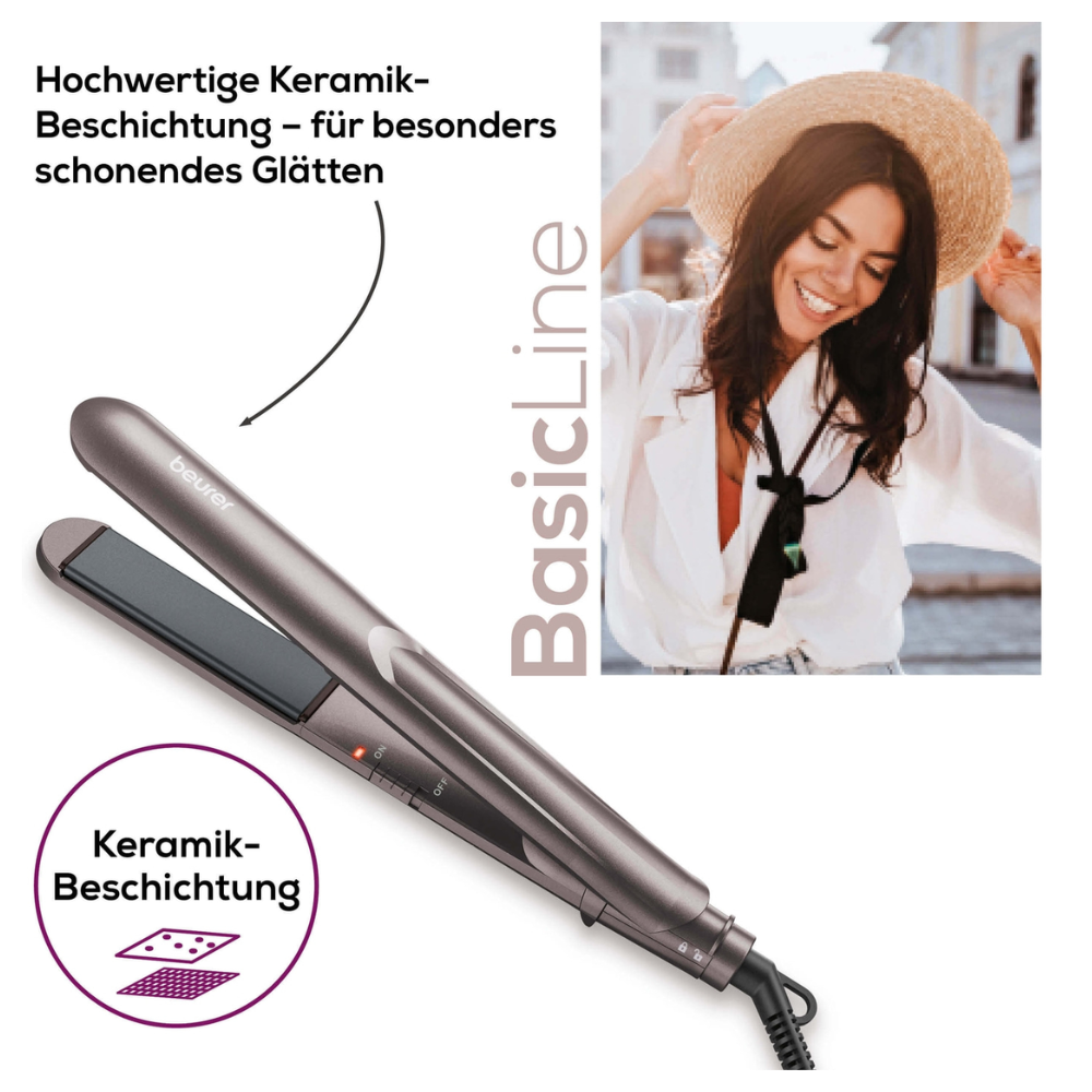 An advertisement for a hair straightener. The image shows a smiling woman adjusting her hat in the top right corner. The Beurer HS 15 Hair Straightener from Beurer GmbH at the bottom is titled "BasicLine" and features "High-quality ceramic coating – for particularly gentle straightening" as well as a symbol with the inscription "Ceramic Coating".