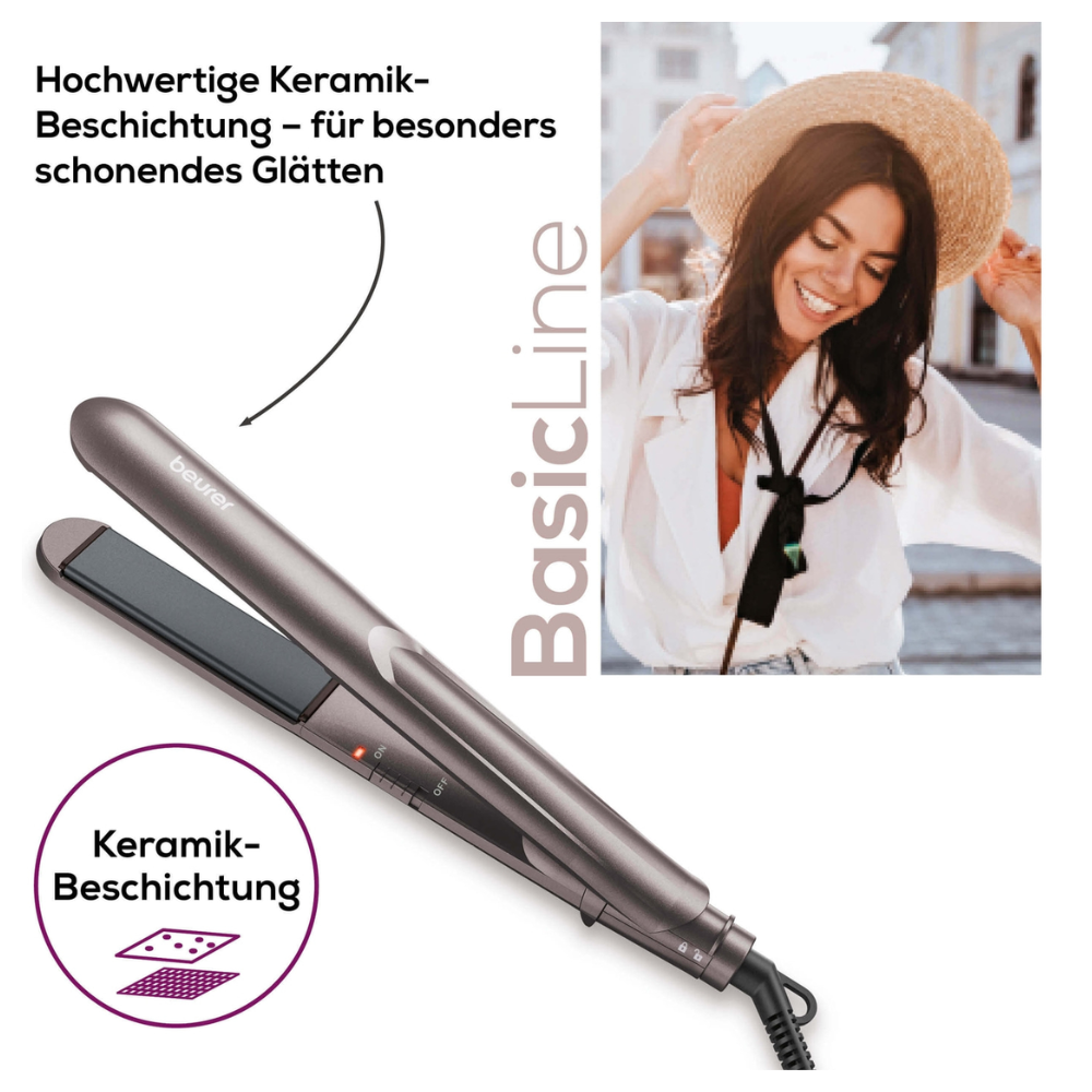 Eine Werbung für einen Haarglätter. Das Bild zeigt oben rechts eine lächelnde Frau, die ihren Hut zurechtrückt. Der Beurer HS 15 Haarglätter der Beurer GmbH unten trägt den Titel „BasicLine“ und verfügt über „Hochwertige Keramik-Beschichtung – für besonders schonendes Glätten“ sowie ein Symbol mit der Aufschrift „Keramik-Beschichtung“.