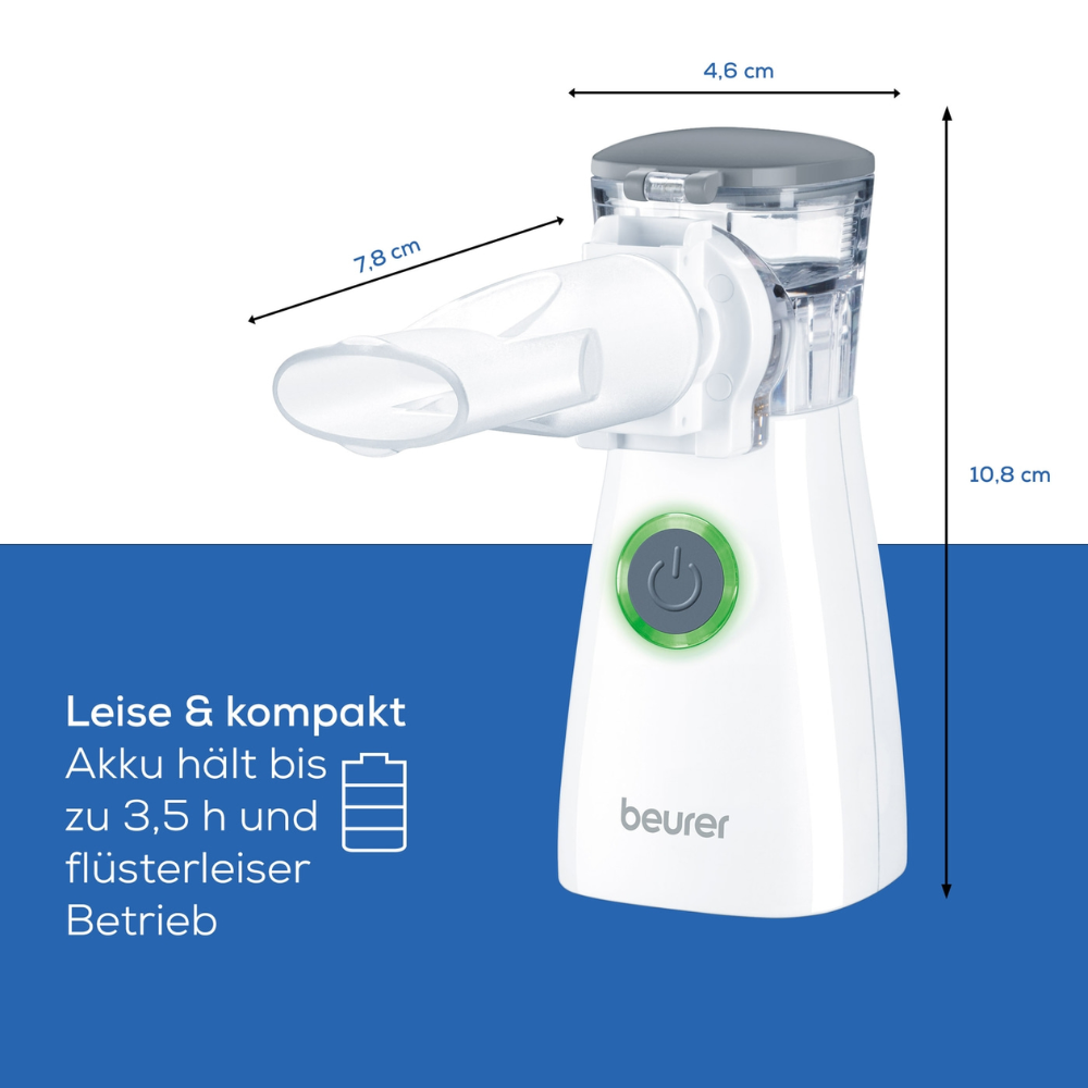 The Beurer IH 57 inhaler with vibrating membrane technology from Beurer GmbH, available in white with dimensions of 4.6 cm width, 7.8 cm depth, and 10.8 cm height, features the innovative vibrating membrane technology. It has a power button and a green indicator light. The German text highlights that it is quiet and compact and has a battery life of up to 3.5 hours.