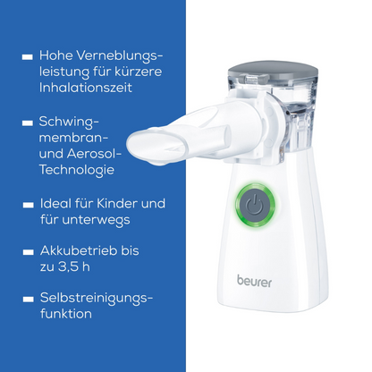The Beurer IH 57 inhaler with vibrating membrane technology from Beurer GmbH is characterized by high nebulization performance, vibrating membrane technology, and aerosol technology, making it ideal for children and on the go. It runs on battery power for up to 3.5 hours and features a self-cleaning function.