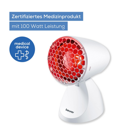 The discontinued items: Beurer infrared lamp IL 11 from Beurer GmbH is a certified medical device (100 watts) that relieves muscle tension with red light. On the left, a blue circle shows the medical icon. The package contains 1 piece.