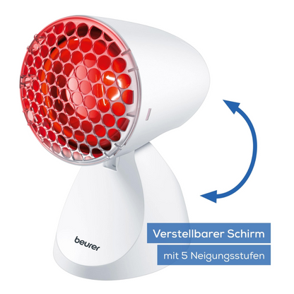 The Beurer infrared lamp IL 11 (discontinued item, 1 piece) from Beurer GmbH has a red honeycomb front, an adjustable white stand, and the sticker "Adjustable shade with 5 tilt levels" - ideal for soothing muscle tension.