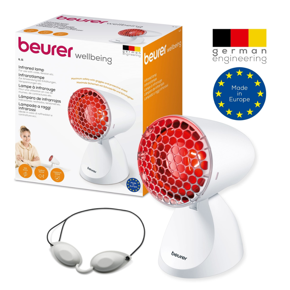 A Beurer infrared lamp IL 11 (discontinued item) from Beurer GmbH is shown with its packaging. The packaging highlights the German technology, the product's branding, and the fact that it is made in Europe.