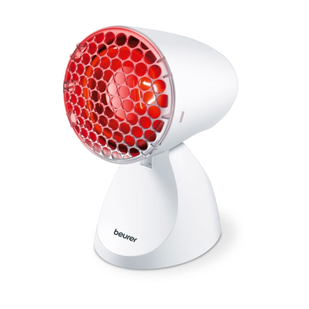 The discontinued item: The Beurer infrared lamp IL 11 from Beurer GmbH emits orange-red light to relieve muscle tension. It features a red, honeycomb grid and a conical base, here on a white background.