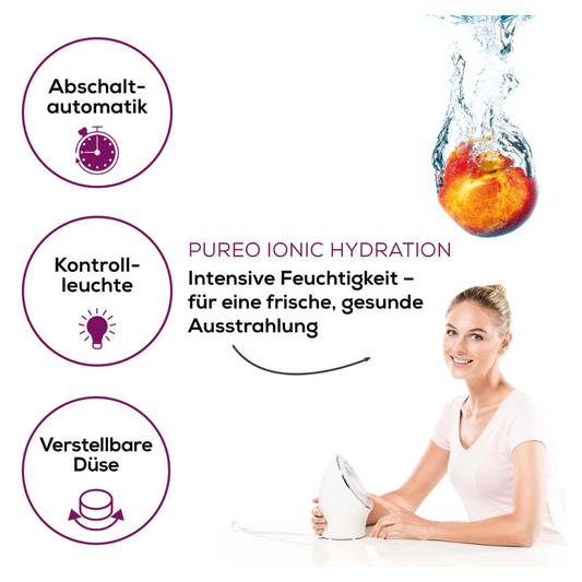 Werbung in deutscher Sprache für die „Beurer Ionen Gesichtssauna FC 72 Pureo Ionic Hydration | Packung (1 Stück)“ von Beurer GmbH, mit einer Frau, die eine Gesichtssauna benutzt. Die Markenkennzeichnung umfasst Symbole für Abschaltautomatik, Kontrollleuchte und verstellbare Düse sowie Text, der intensive Feuchtigkeit für einen frischen, gesunden Teint durch tiefenreinigende Ionen-Technologie hervorhebt.