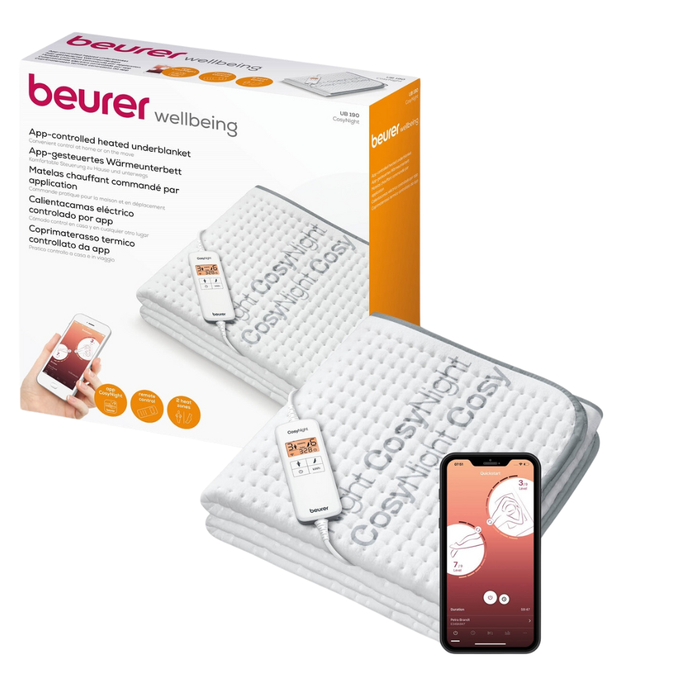 Bild der Produktverpackung des Beurer Komfort-Wärmeunterbetts UB 190 CosyNight. Die Verpackung zeigt ein app-gesteuertes Wärmeunterbett mit einem Smartphone, auf dem die Benutzeroberfläche der Beurer CosyNight-App angezeigt wird. Die Verpackung enthält mehrsprachigen Text und Bilder der Decke, die ihre Funktion mit zwei Wärmezonen demonstrieren.