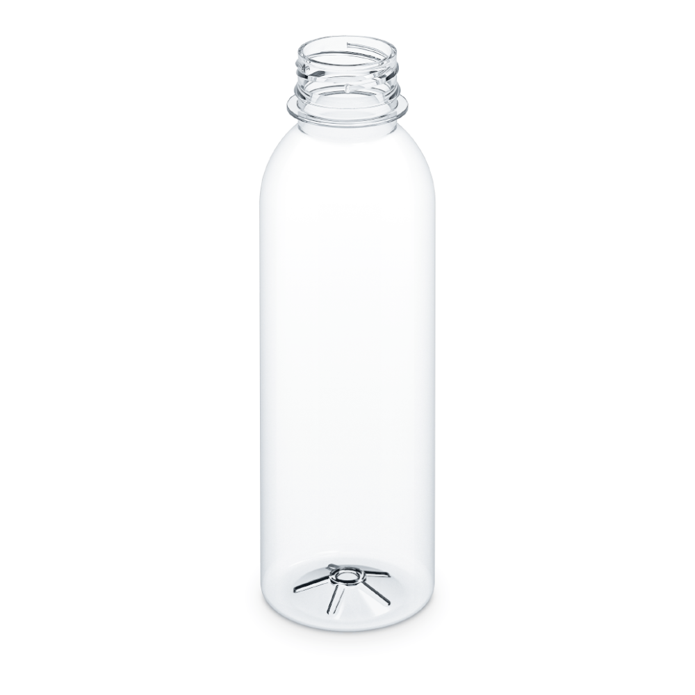 Depicted is a clear, empty, cylindrical plastic bottle labeled as Beurer LV 50 / LB 12 replacement bottle for humidifiers by Beurer GmbH and carries no labels. The bottle has a screw cap and a slightly indented bottom. It stands upright against a plain white background.