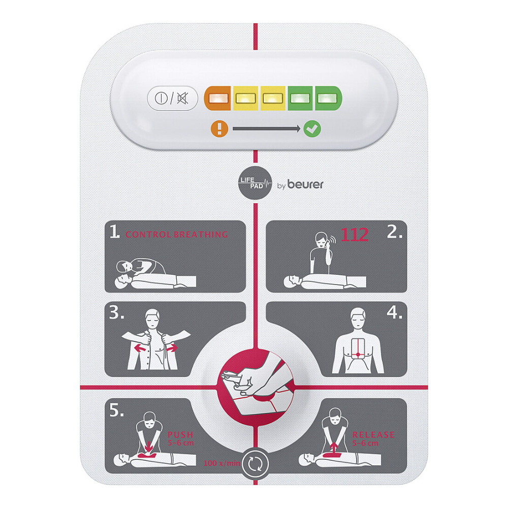 The innotas discontinued item: Beurer LifePad® resuscitation aid (1 piece) features an illustrated board that guides you to check breathing, call 112, attach the pads, place the hands, compress the chest 5-6 cm at 100-120/min, and release after each compression.