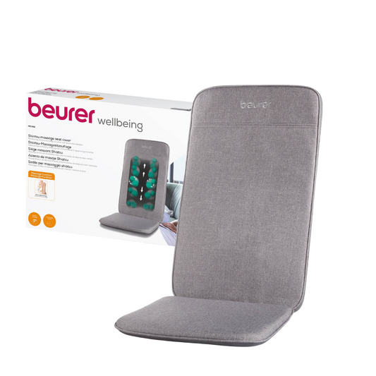 Eine Beurer MG 202 Shiatsu-Massagesitzauflage der Beurer GmbH ist in grauem Stoff gehalten, im Hintergrund ist die Verpackungsschachtel zu sehen. Auf der Schachtel ist der Produktname „Beurer Wellbeing“ zusammen mit einem Foto der Sitzauflage und einem beschreibenden Text zu den Shiatsu-Massagefunktionen und -funktionen zu sehen.