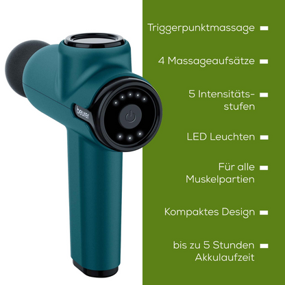 A teal Beurer MG 99 Massage Gun compact from Beurer GmbH is displayed next to a green list of features. Highlights include trigger point massage, 4 attachments, 5 intensity levels, LED lights, suitability for all muscle groups, compact design, and up to 5 hours of battery life with the lithium-ion battery.