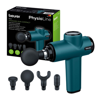 Image of a compact Beurer MG 99 massage gun with four interchangeable attachments on the front. The blue massage gun from Beurer GmbH, equipped with a powerful lithium-ion battery, is prominently displayed next to the packaging box, which contains an image of the gun and attachments as well as product details in several languages.