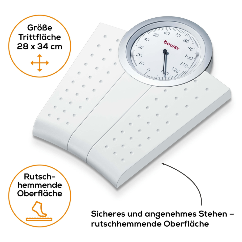 Eine weiße mechanische Personenwaage, die Beurer MS 50 mechanische Personenwaage von Beurer GmbH, verfügt über ein rundes Zifferblatt, das Gewichtsmessungen anzeigt. Die Waage hat eine strukturierte, rutschhemmende Oberfläche. Ein deutscher Text gibt die Abmessungen und rutschfesten Eigenschaften der analogen Gewichtsanzeige an. Dieses Produkt ist als Packung (1 Stück) erhältlich.