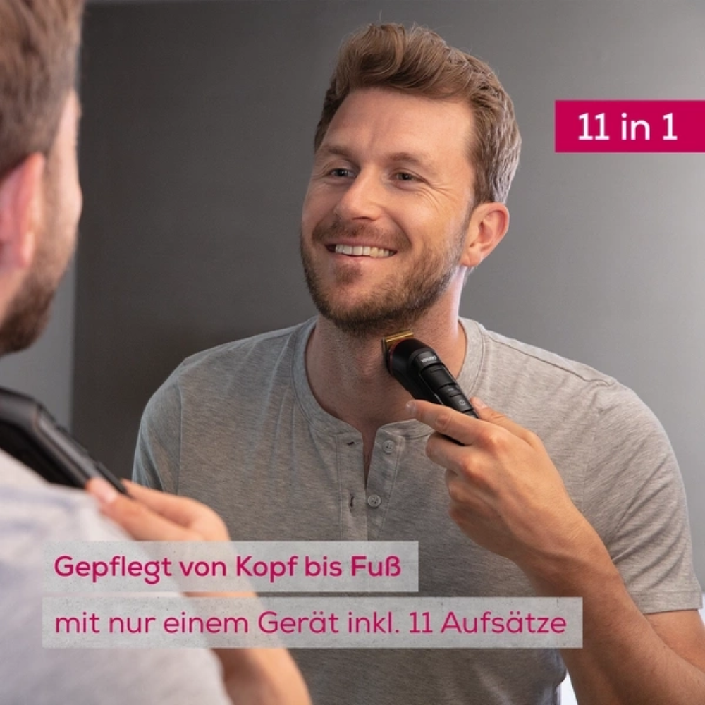 A man trims his beard in front of the mirror with the discontinued item: Beurer Multigroomer MN9X from Beurer GmbH. Text on the image: "11 in 1. Groomed from head to toe - just one device including 11 attachments.