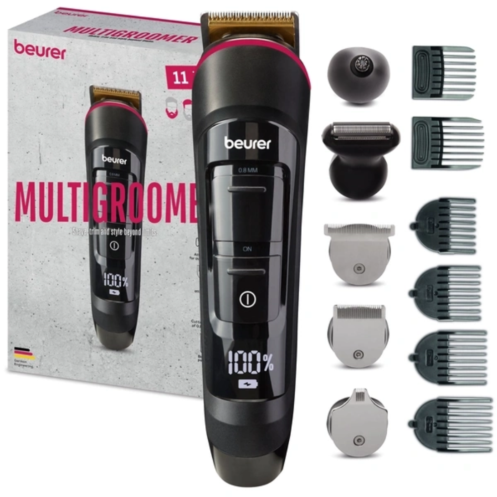 The Beurer Multigroomer MN9X from Beurer GmbH is neatly arranged with its box and eleven attachments - clipper heads, combs, and a detail shaver - next to the waterproof device with digital display.